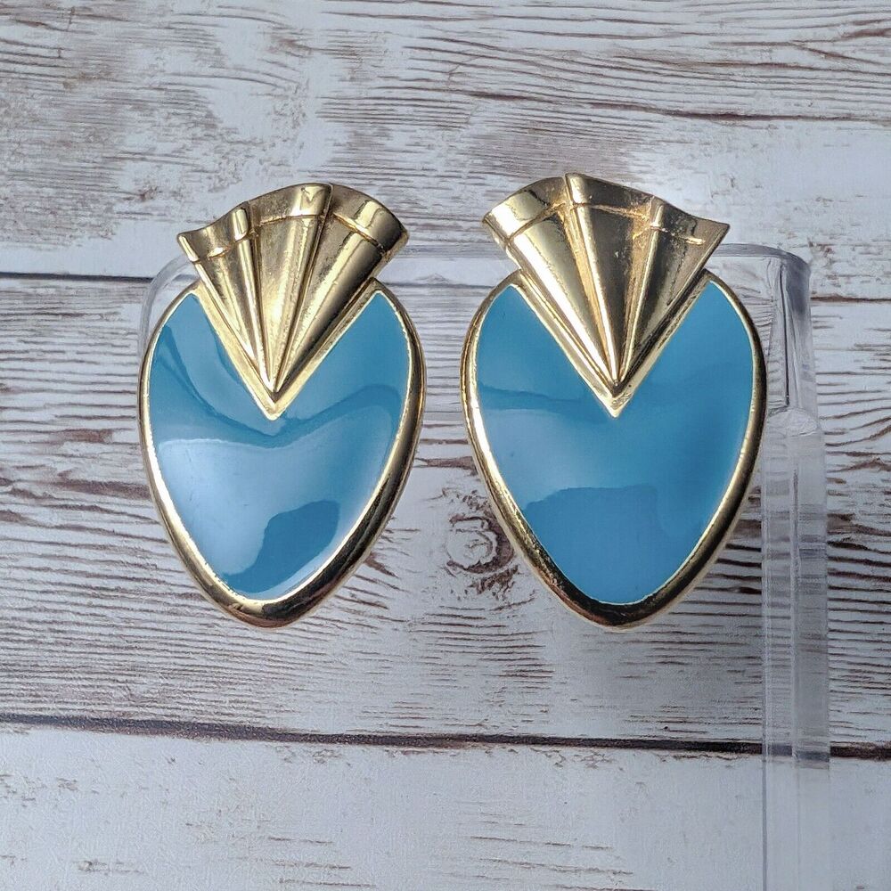 Vintage Clip On Earrings - Statement Blue/Turquoise Tone & Gold Tone 1.5"